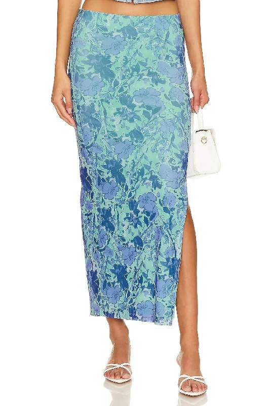 Rosalie Mesh Midi Skirt In Teal Combo Floral