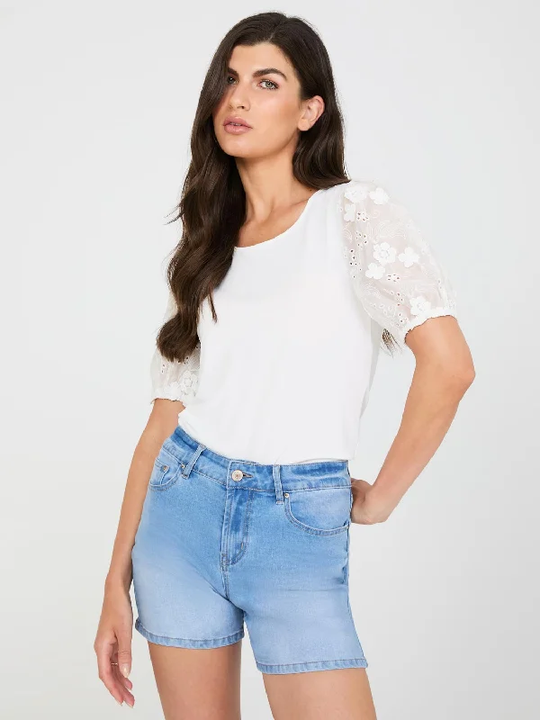 Flower Embroidered Eyelet Sleeve Top