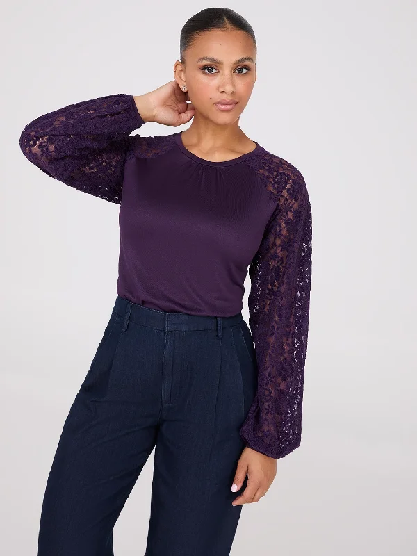 Crew Neck Top With Chenille Lace Sleeves