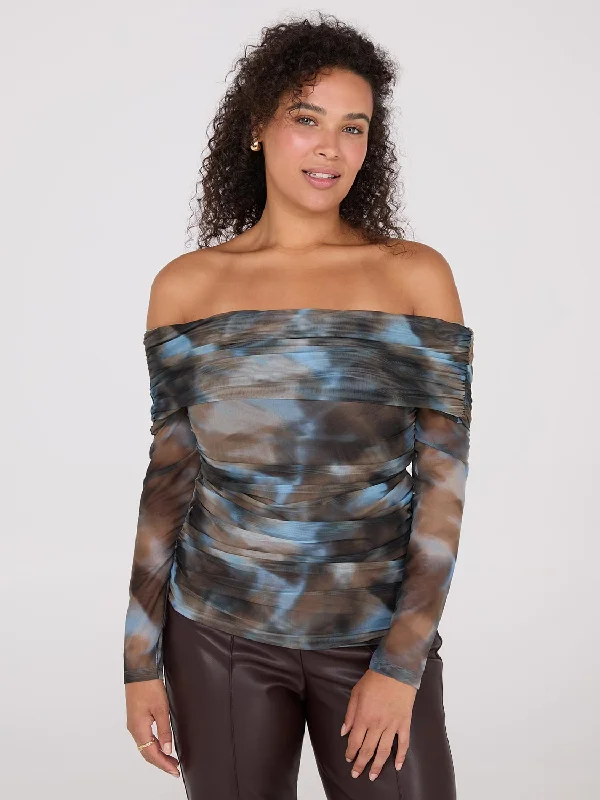 Ruched Off-The-Shoulder Printed Mesh Top