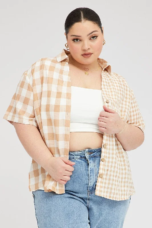 Beige Check Relaxed Shirt Short Sleeve V-neck