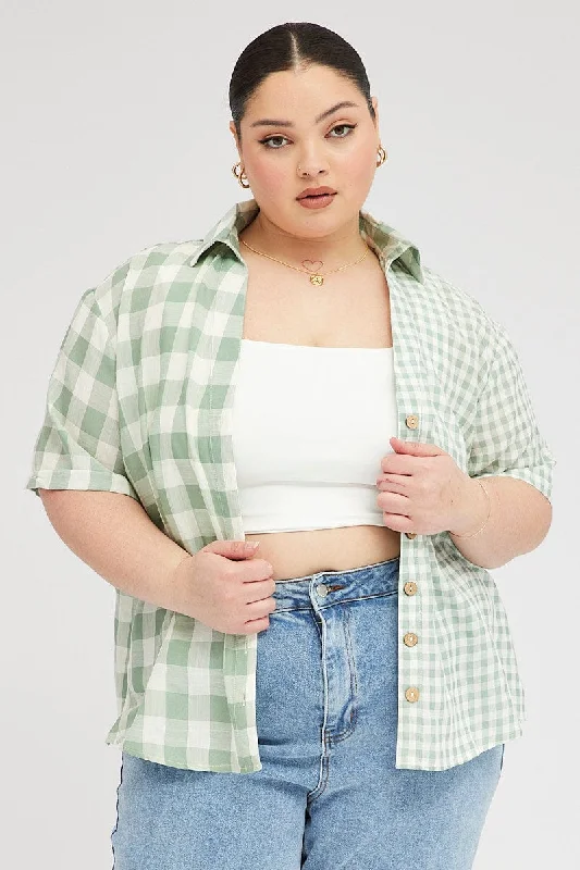 Green Check Relaxed Shirt Short Sleeve V-neck