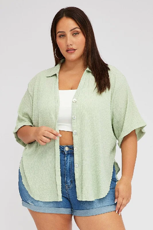 Green Relaxed Shirt Short Sleeve Textured