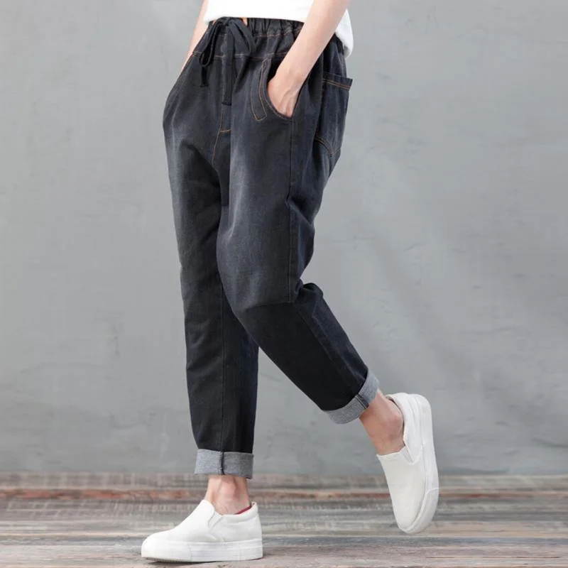 2017 black jeans loose haram denim pants plus size crop pants trousers elastic waist