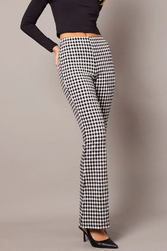 Black Check Flare Leg Pants High Rise