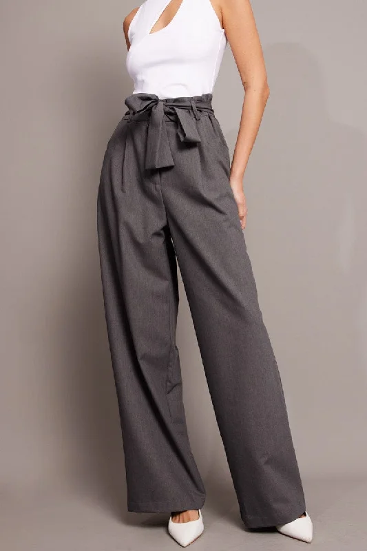 Grey Wide Leg Pants Waist Tie