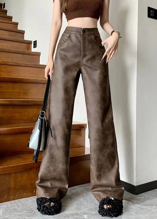 Modern Brown Pockets High Waist Faux Leather Pants Fall