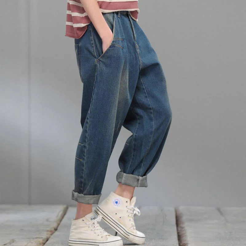 Oversize blue denim pants plus size jeans crop trousers