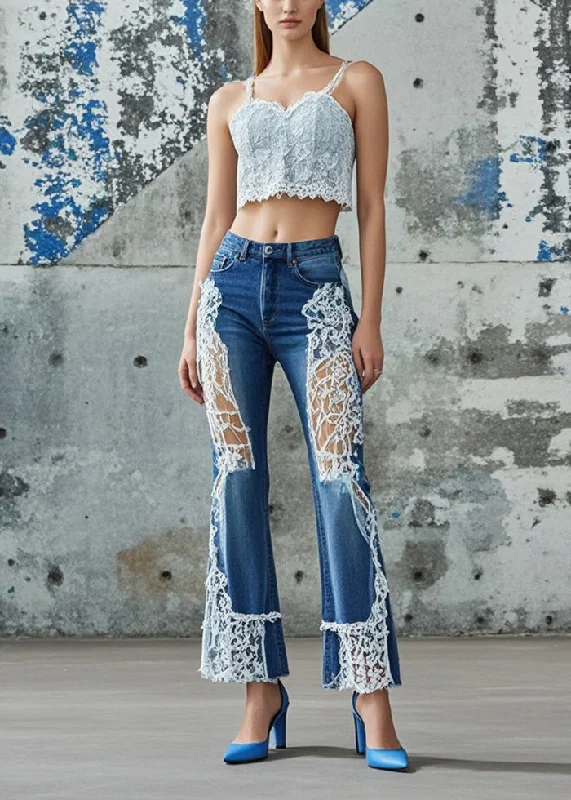 Silm Fit Blue Hollow Out Patchwork Lace Denim Pants Fall