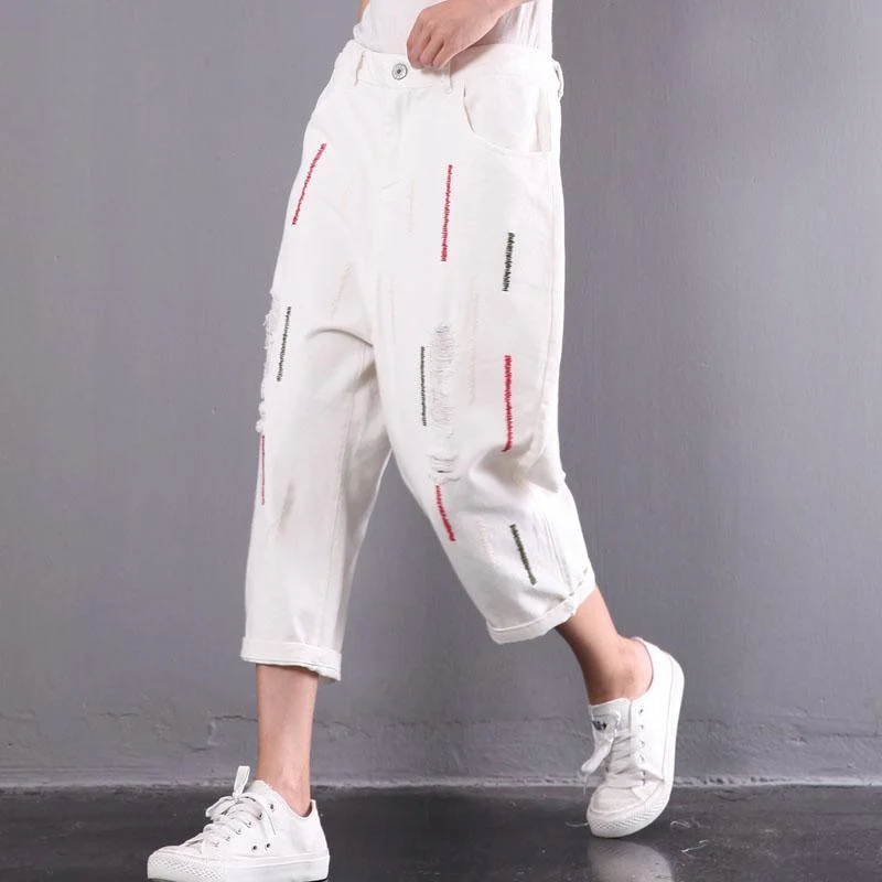 White Baggy Loose Embroidery Cotton Pants Casual Plus Size Ripped Jeans