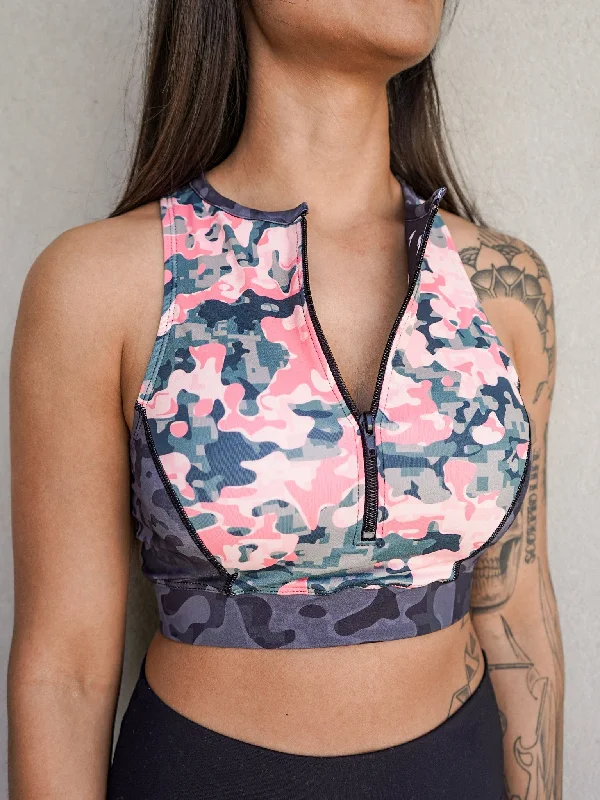 Coral Camo Zip Up Sports Bra