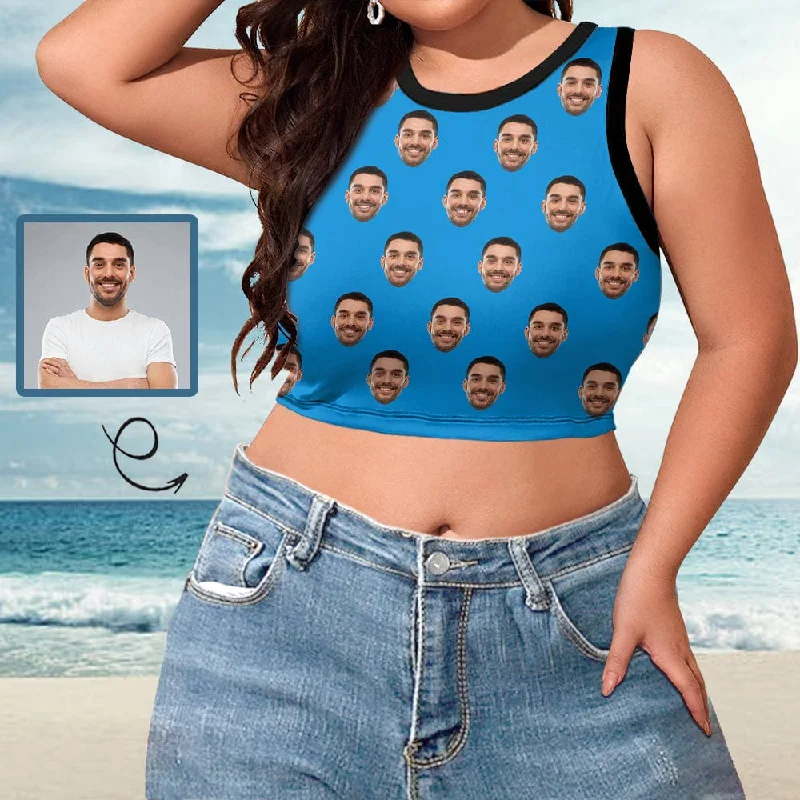 Custom Face Tank Top Blue Women's High Neck Crop Top Design Swimsuits Bustier for Female