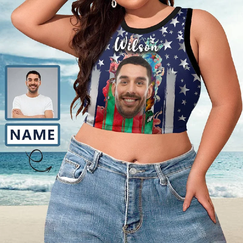 Custom Name&Face Colorful Flag Tops Women's High Neck Crop Top Swimsuits Bustier for Independence Day