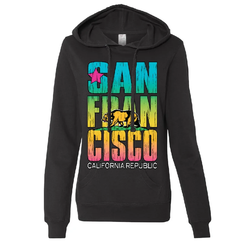 San Francisco California Neon Rainbow Ladies Lightweight Fitted Hoodie