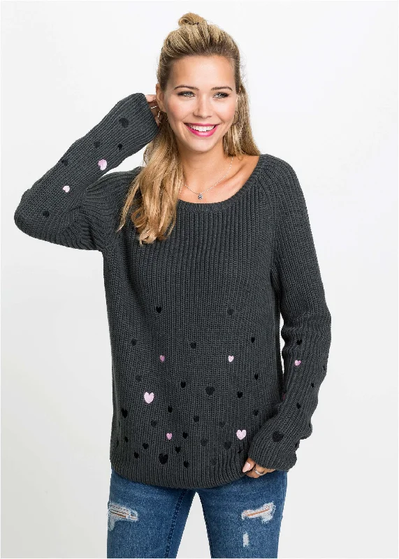 Heart Embroidered Sweater - Dark Grey