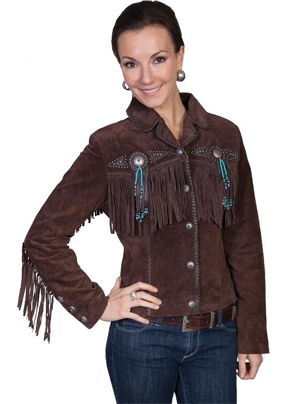 Scully Leather Womens Beaded Fringe Conchos Boar Suede Jacket Chocolate 3X