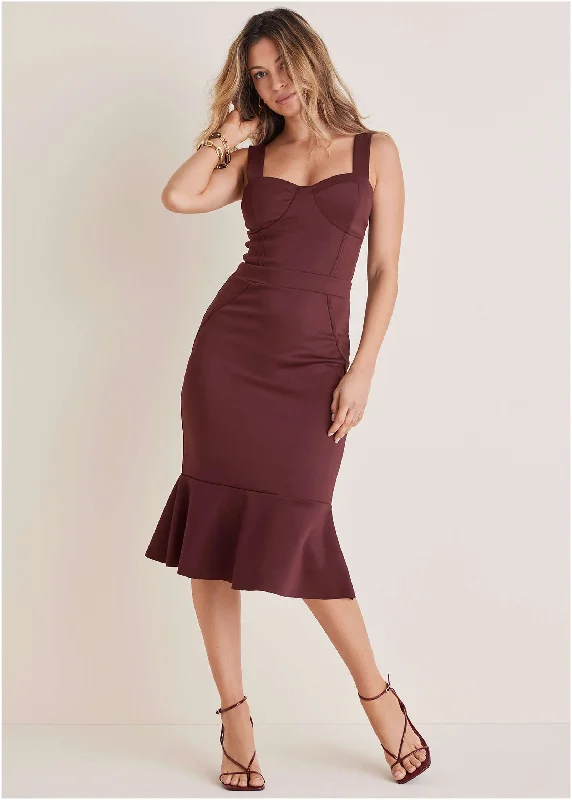 Ruffle Trim Midi Dress - Wine