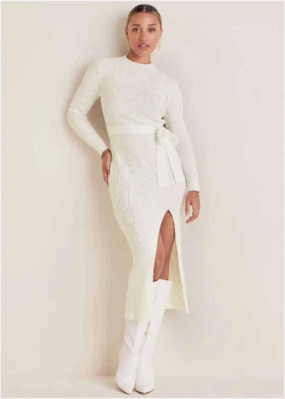 Belted Maxi Sweater Dress - Off White