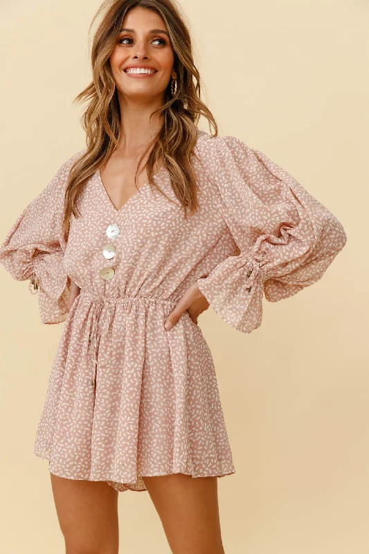 Believe It Or Not Long Sleeve Drawstring Romper Sprinkle Print Pink