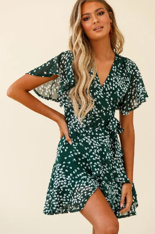 Cami Angel Sleeve Faux Wrap Dress Flower Print Forest Green