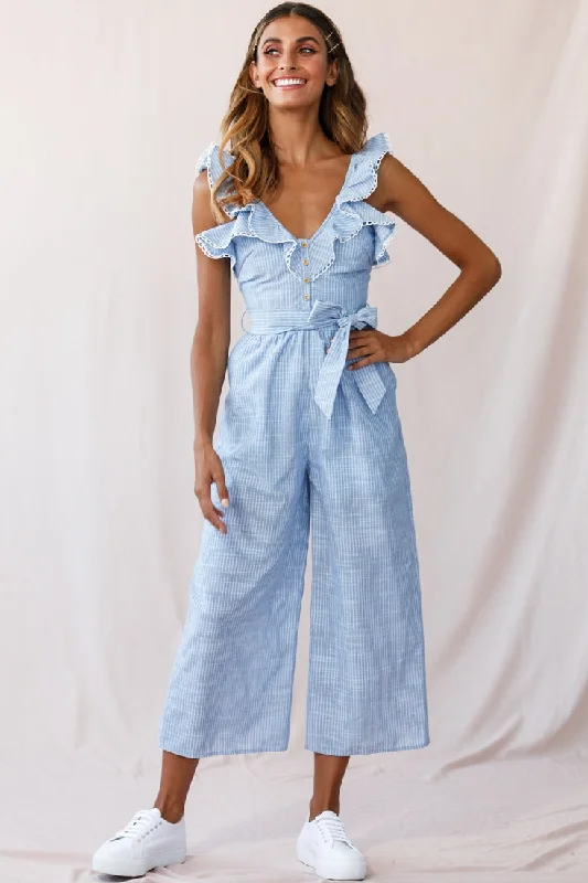 Danube Belted Waist Pinstripe Jumpsuit Blue