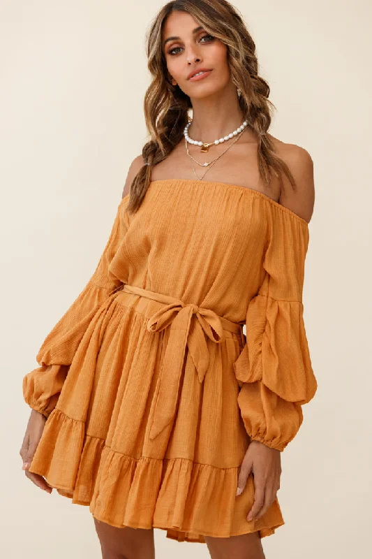 Frida Off-Shoulder Waist Tie Dress Tan