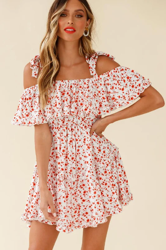 Hacienda Bardot Neckline Frill Dress Floral Print White