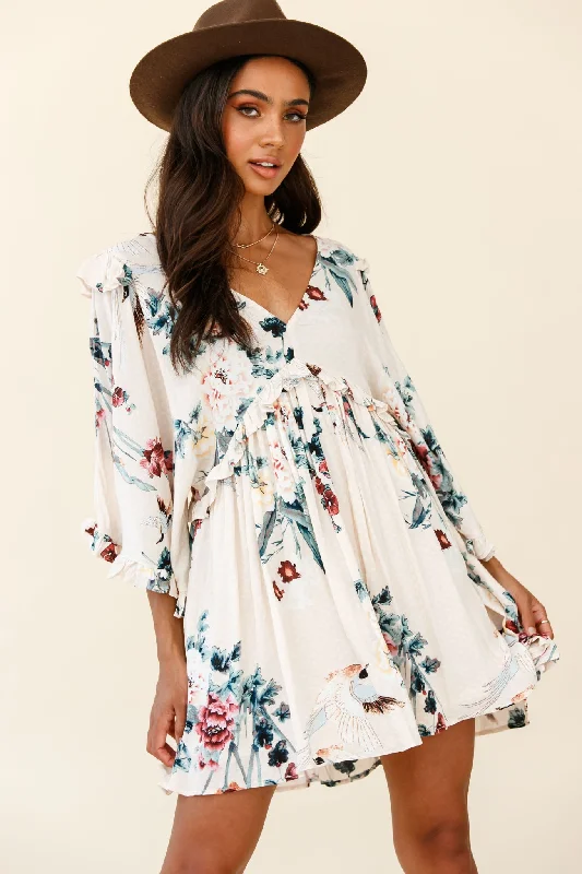 Lynette Loose Fit Angel Sleeve Dress Botanic Print Nude