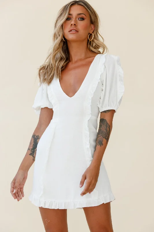 Maisy Puff Sleeve Frill Trim Dress White