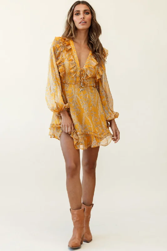 Odette Long Sleeve String Tie Neckline Vine Print Dress Mustard