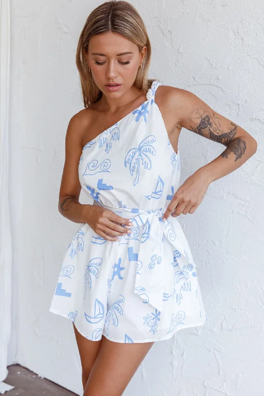 Summer Lover One-Shoulder Romper Printed White