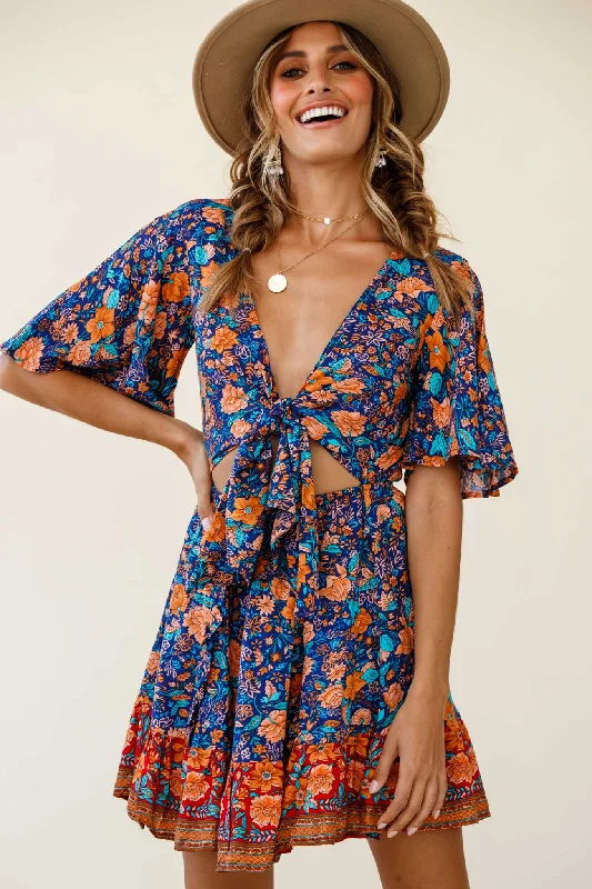 Suva Tie-Knot Bust A-Line Dress Floral Print Navy