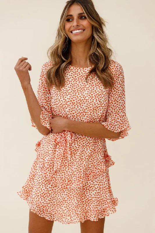 Wife Me Crew Neck Ruffle Insert Dress Polka Dot Orange