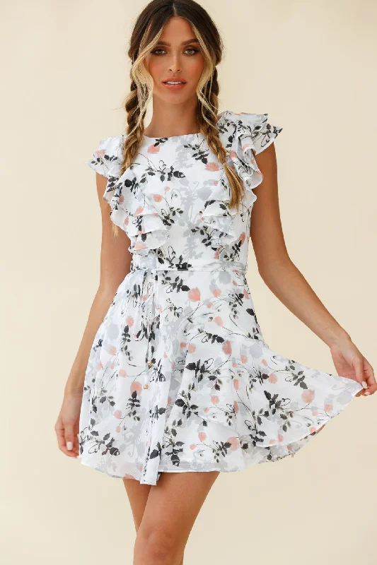 Wilton Ruffle Shoulder A-Line Dress Floral Print White