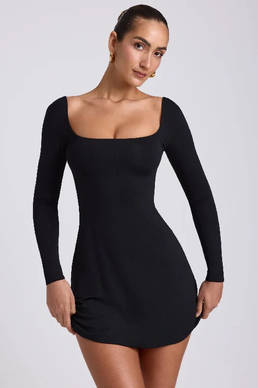 Modal Square Neck Long Sleeve Mini Dress in Black