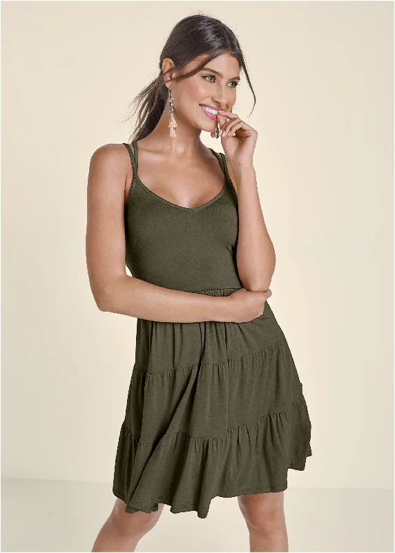 Tiered Strappy Mini Dress - Olive