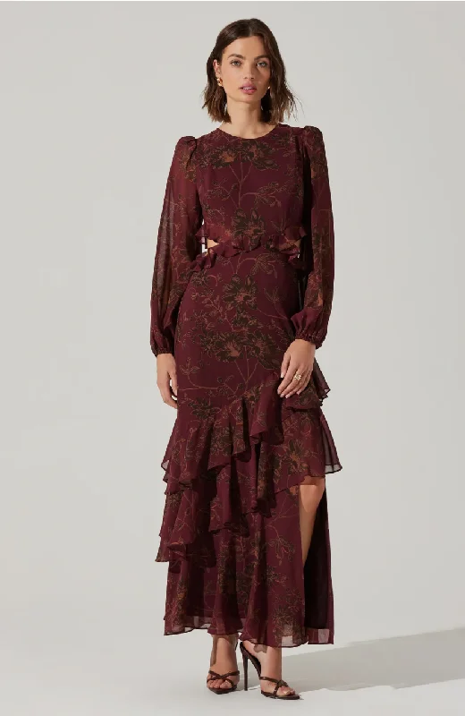 Biella Ruffle Floral Maxi Dress - Plum Brown Floral