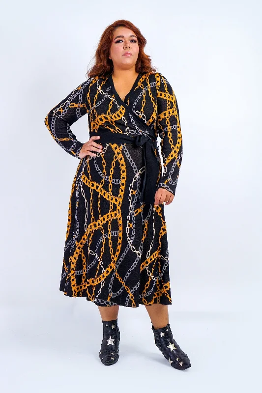 Plus Black Chain Print Knit Sweater Midi Dress