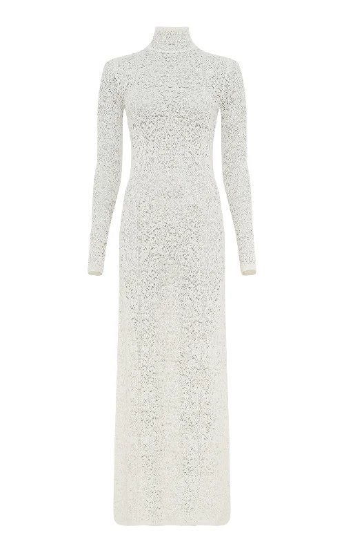 Lethe Pointelle Knit Maxi Dress in Ivory Virgin Wool Silk