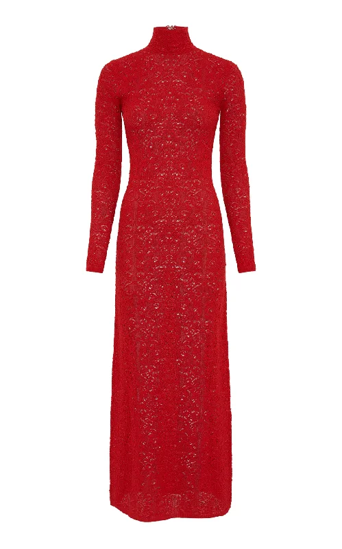 Lethe Pointelle Knit Maxi Dress in Scarlet Red Virgin Wool Silk