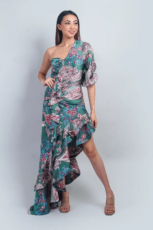 Paisley One Shoulder Ruffle Maxi Dress