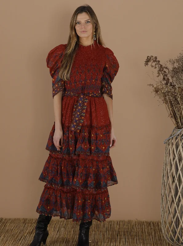 Le Coteaux Tiered Maxi Folk Dress in Burnt Sienna Mosaic