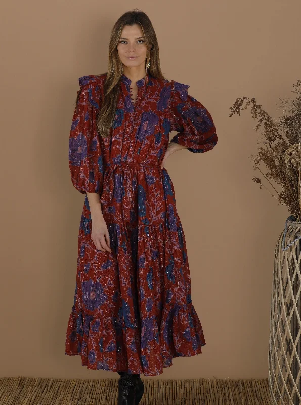 Le Flacq Flounce Hem Prairie Maxi Dress in Burnt Sienna Mosaic