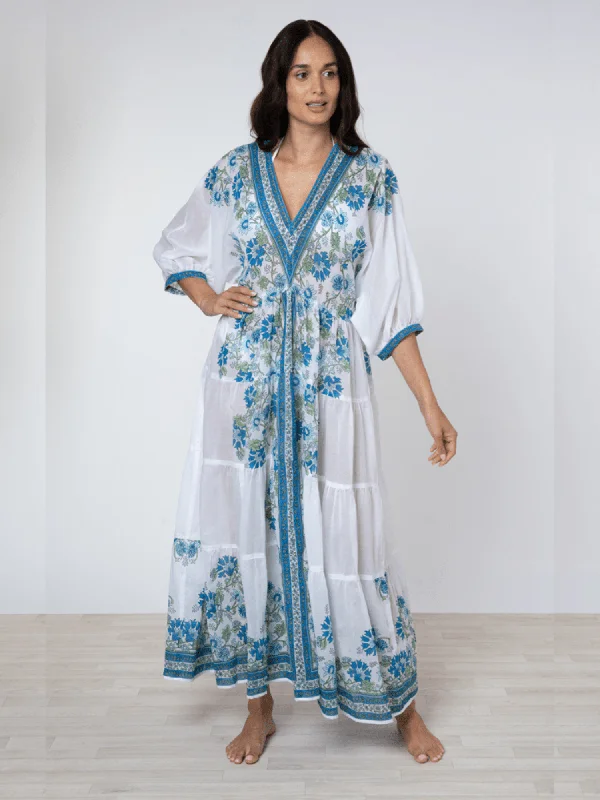 White / Blue / Aqua Maxi Dress w/ Rose Border Print