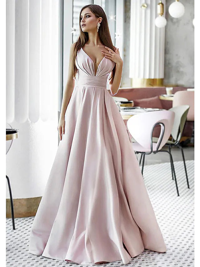 A-Line Elegant Engagement Formal Evening Dress V Neck Sleeveless Sweep  Brush Train Satin with Pleats