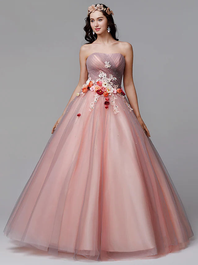 Ball Gown Floral Formal Evening Dress Strapless Sleeveless Floor Length Tulle with Pleats Flower