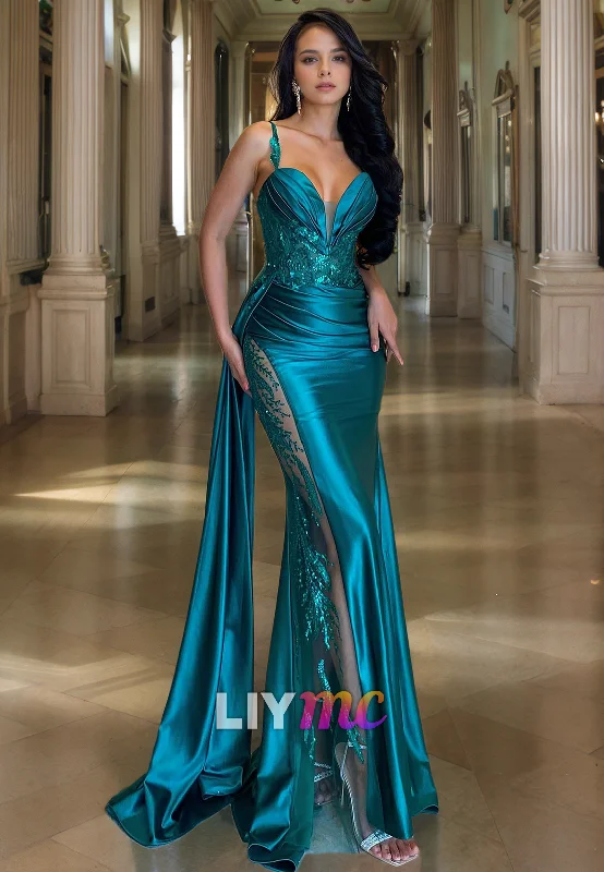 LP276 - Sexy Low V-Neck Beaded Satin Sheath Long Prom Evening Dress