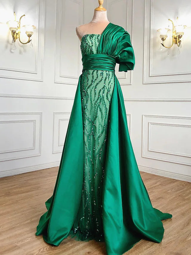 Evening Gown Luxurious Dress Formal  Sleeve One Shoulder Charmeuse with Ruched Crystals