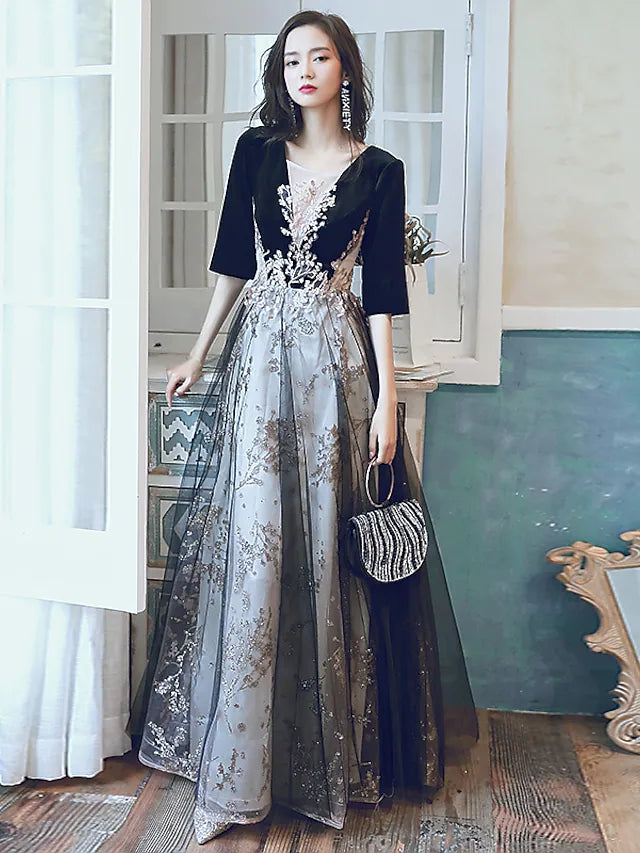 Glittering Cut Out Party Wear Formal Evening Dress Illusion Neck Half Sleeve Floor Length Velvet with Sequin Appliques