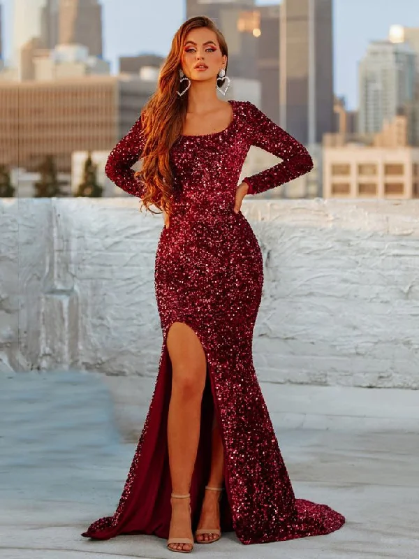 Luxury Burgundy Sequin Floor Evening Dress